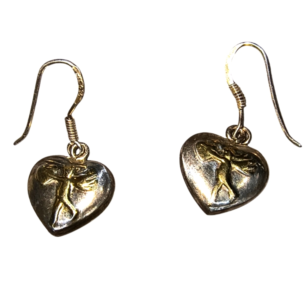 Vintage Sterling Silver w/ Gold Vermeil Cupid Heart Dangle Earrings
